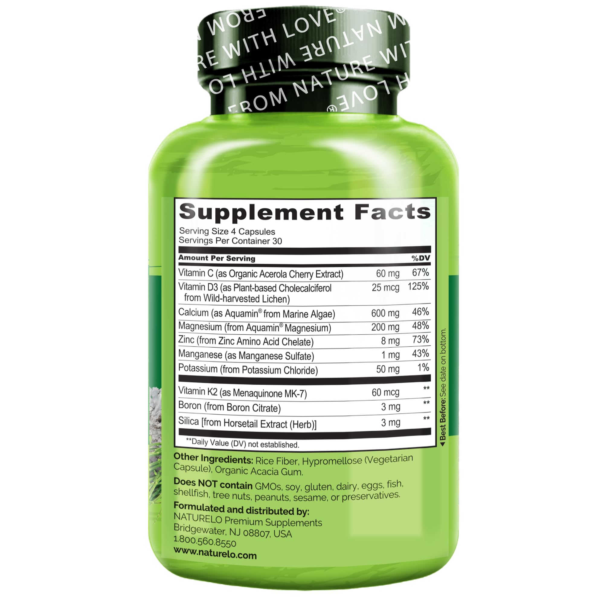 Label confirms non-GMO, vegan and gluten-free formula for clean nutrition