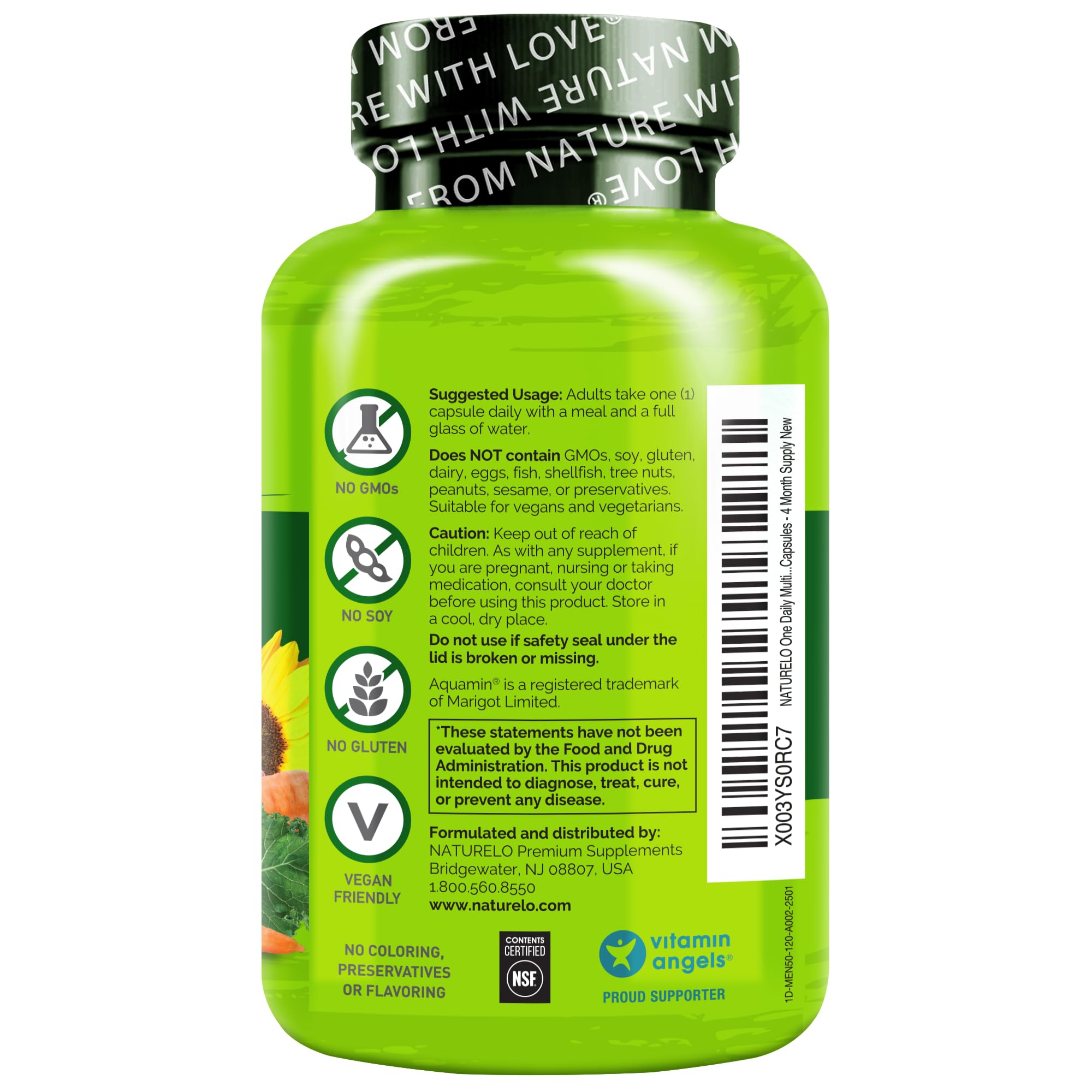 NATURELO vegan non-GMO packaging with allergen-free icons