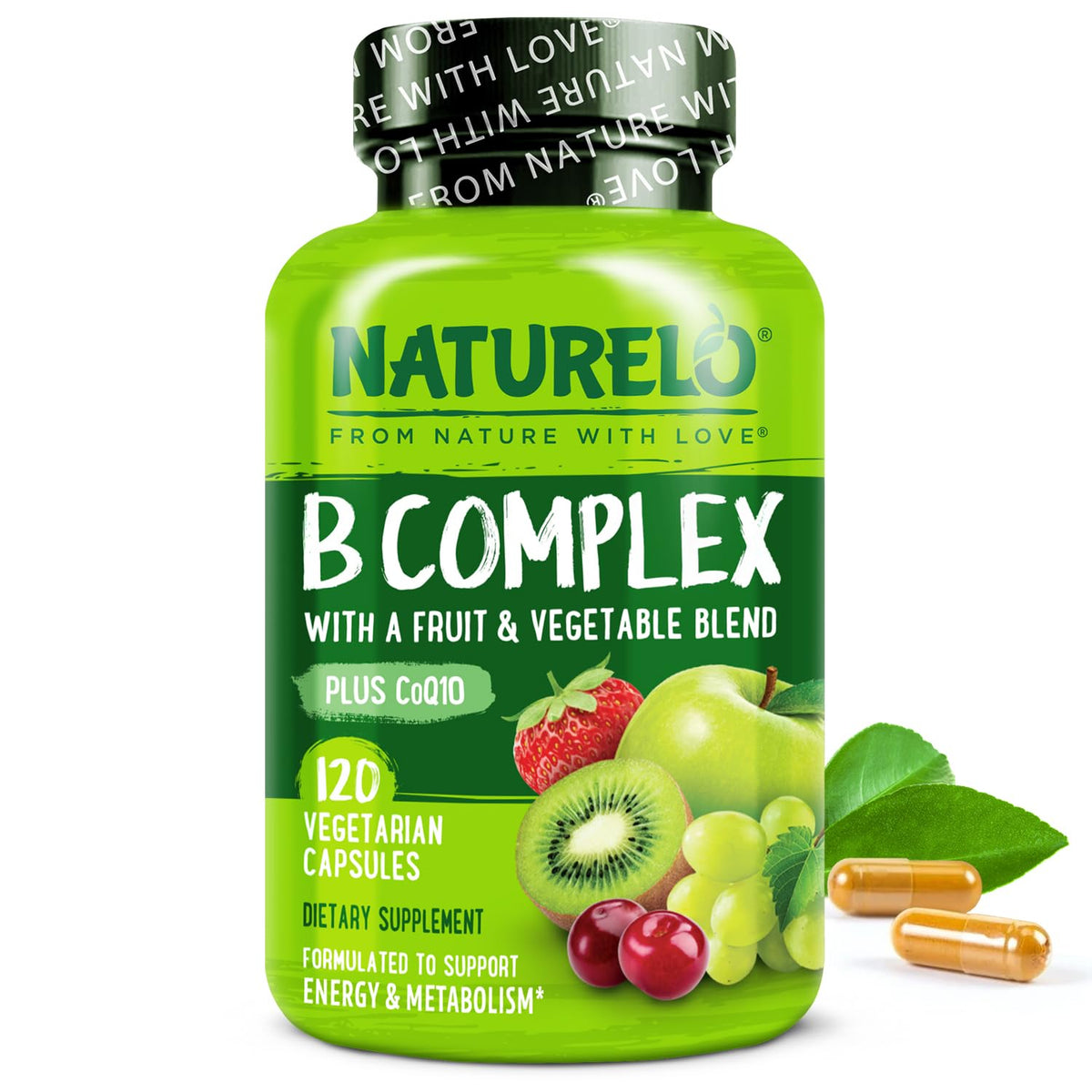 Naturelo Vitamin B Complex bottle with CoQ10 supports steady daily energy.