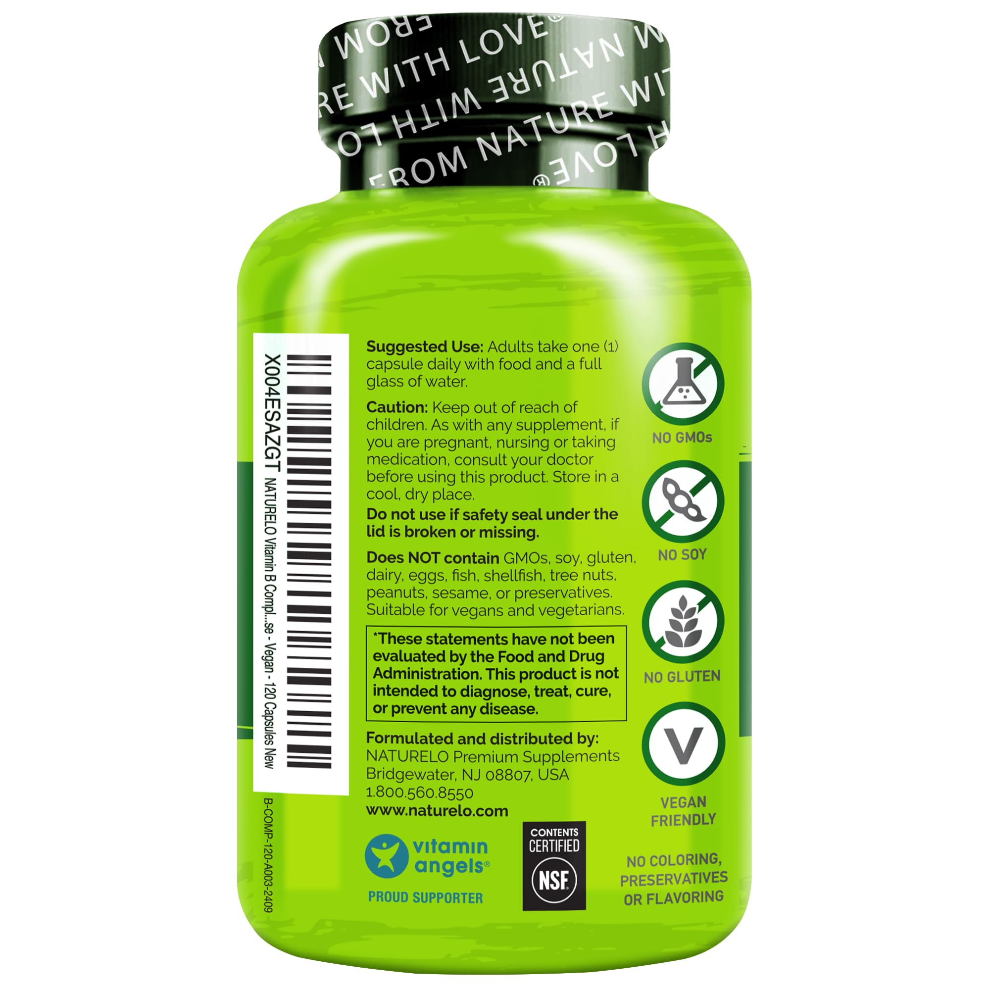 Naturelo Vitamin B Complex with a fruit and vegetable blend enhances whole-food nutrition.
