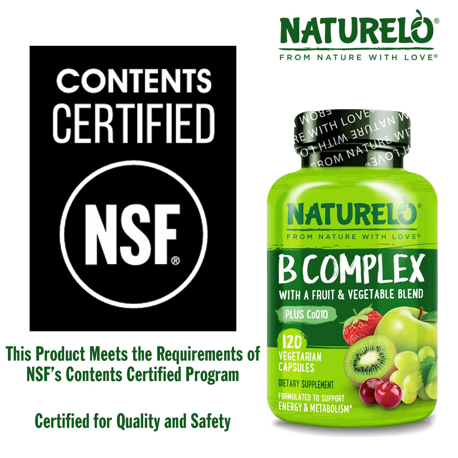Naturelo Vitamin B Complex capsules include CoQ10 for potential cellular energy support.
