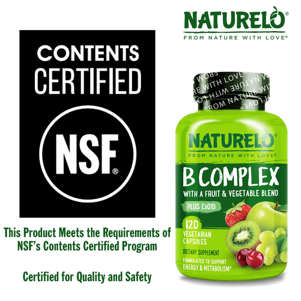 Naturelo Vitamin B Complex capsules include CoQ10 for potential cellular energy support.
