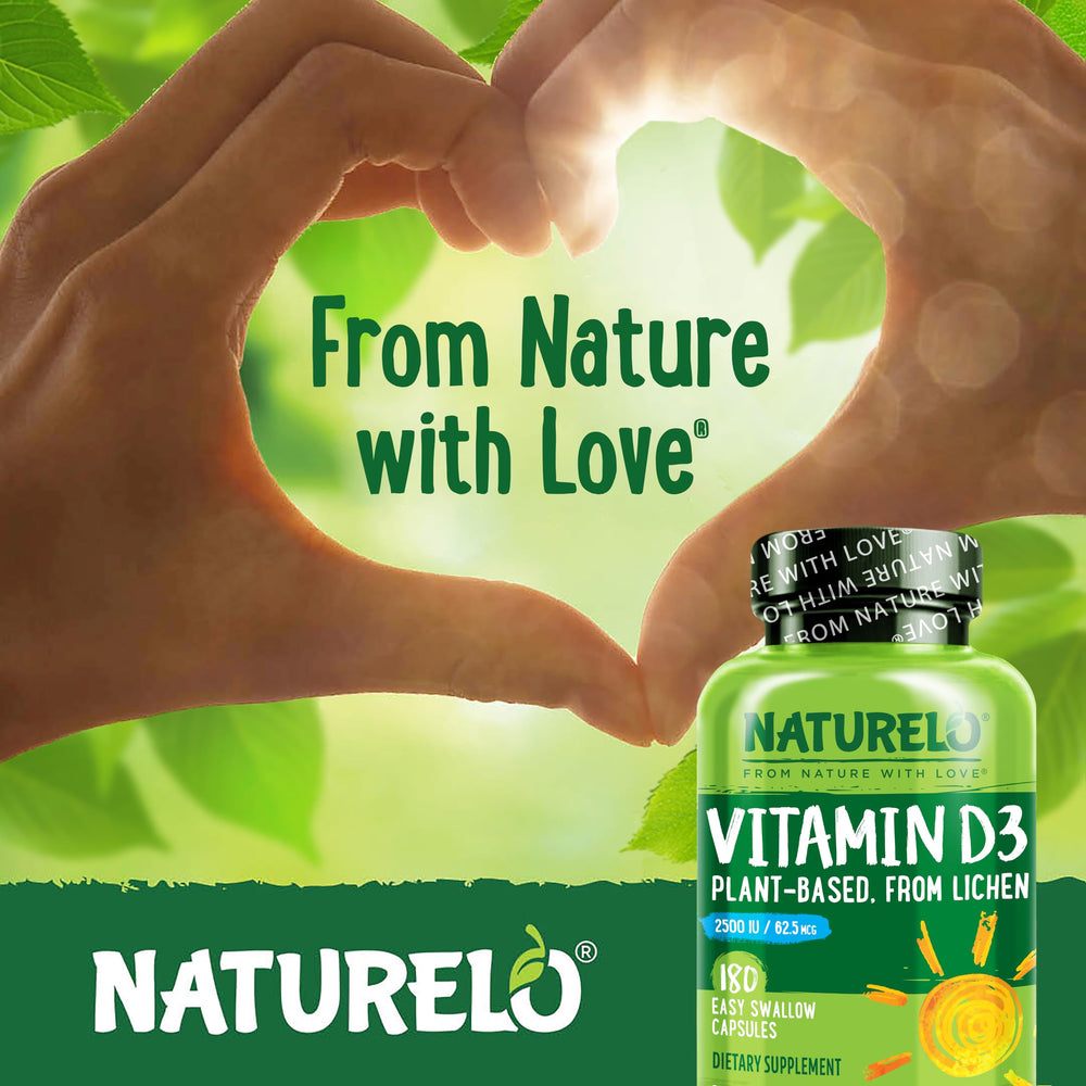 Naturelo Vitamin D bottle on kitchen counter, supports daily wellness.