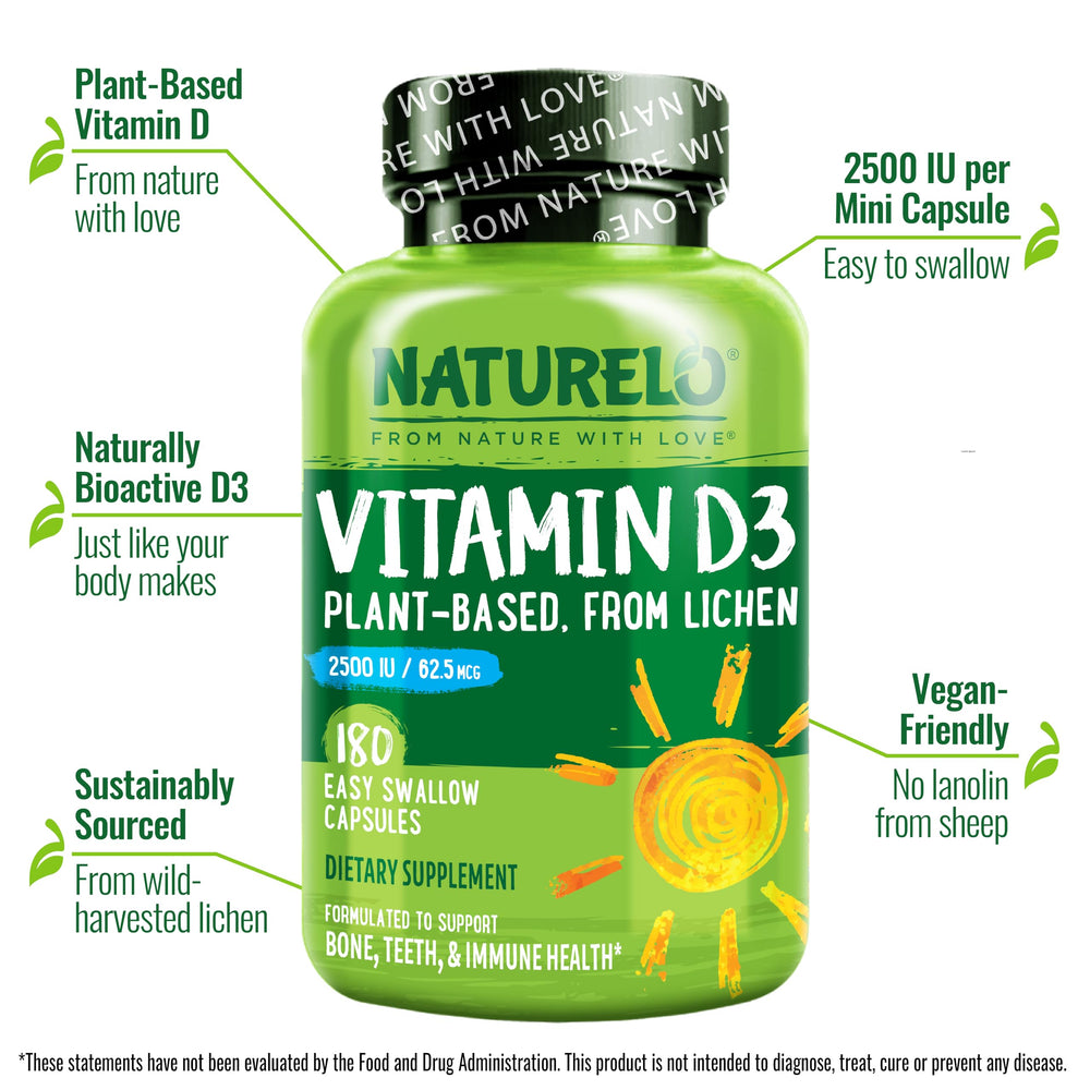Naturelo Vitamin D3 label detail, non-GMO and gluten-free plant-based D3.
