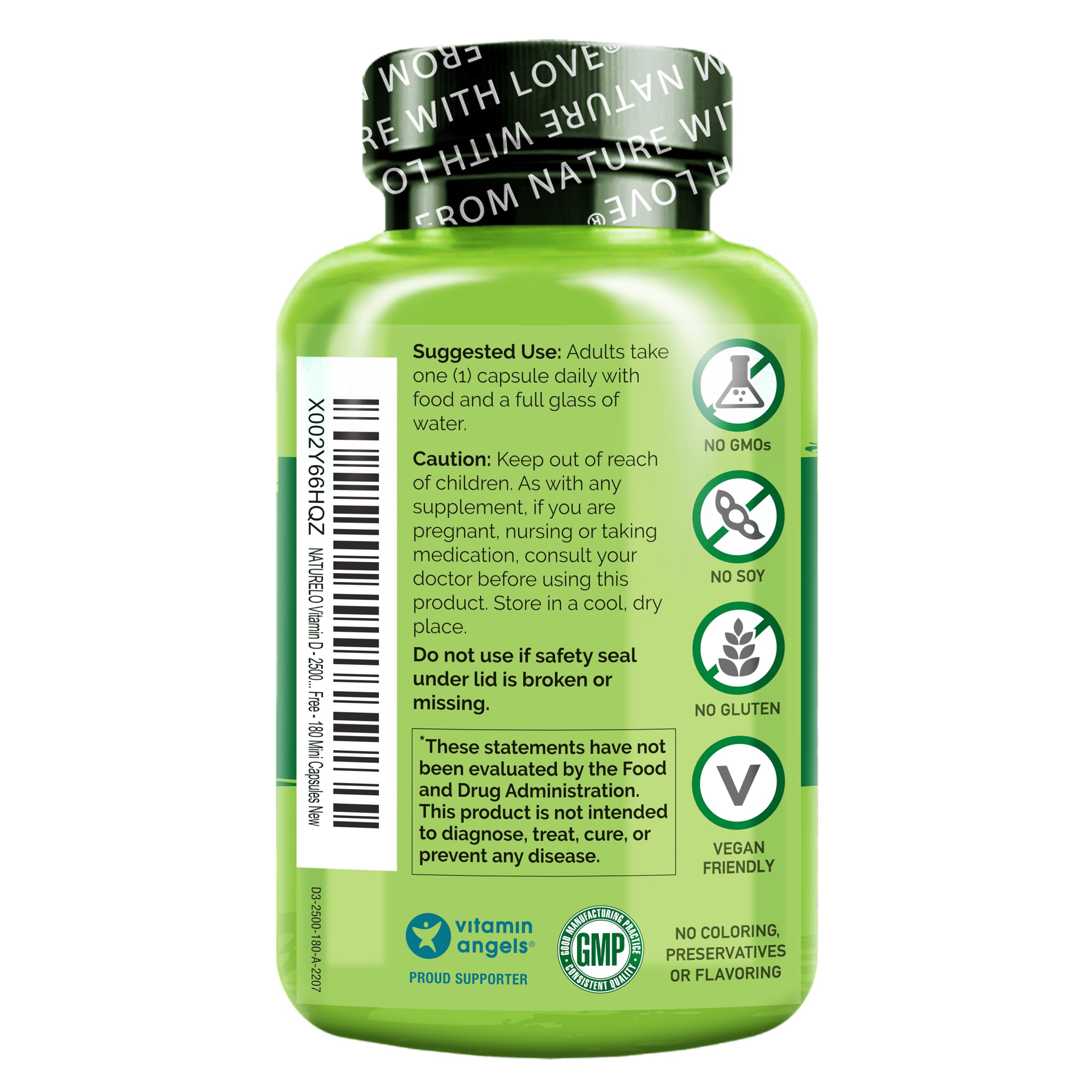 Naturelo D3 bottle with cap, natural sun-like vitamin from lichen.