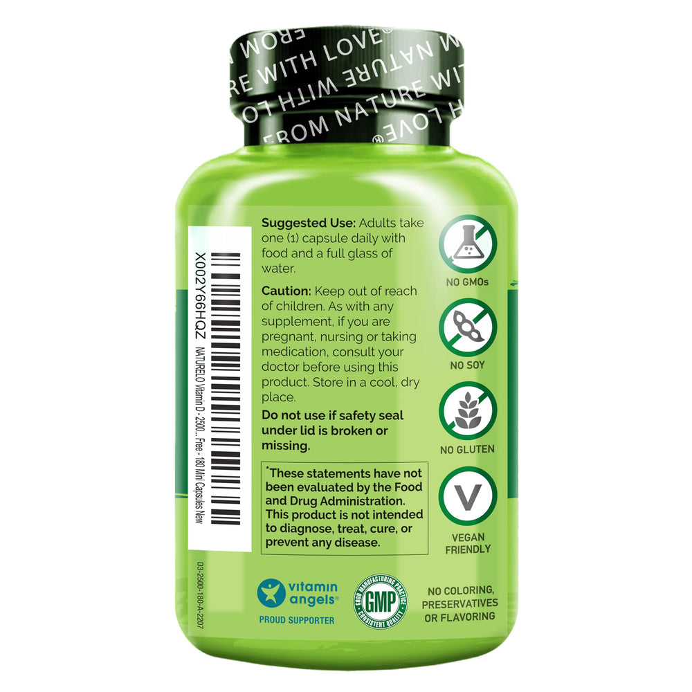 Naturelo D3 bottle with cap, natural sun-like vitamin from lichen.