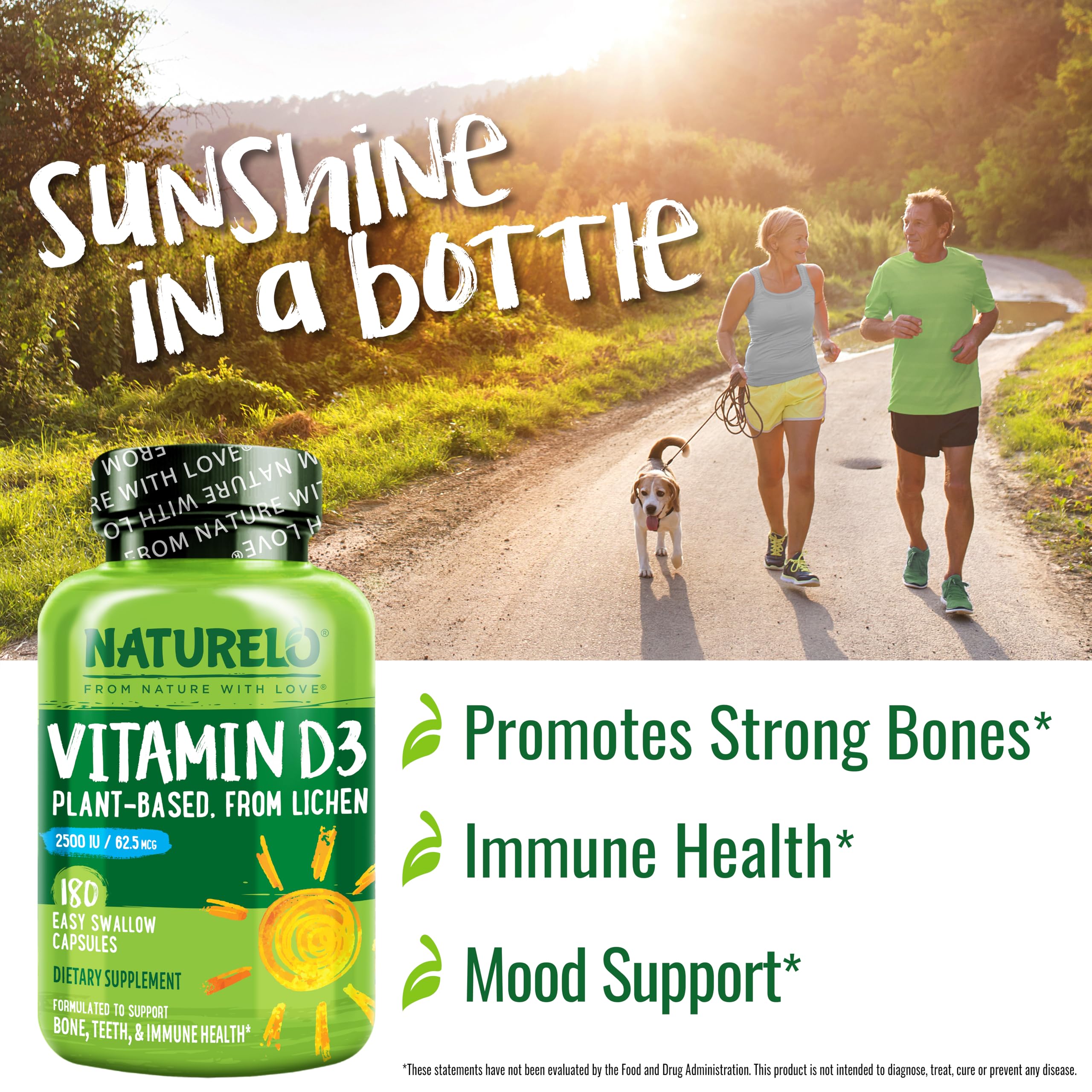 Naturelo Vitamin D3 packaging, 180 capsules, vegan and gluten-free.