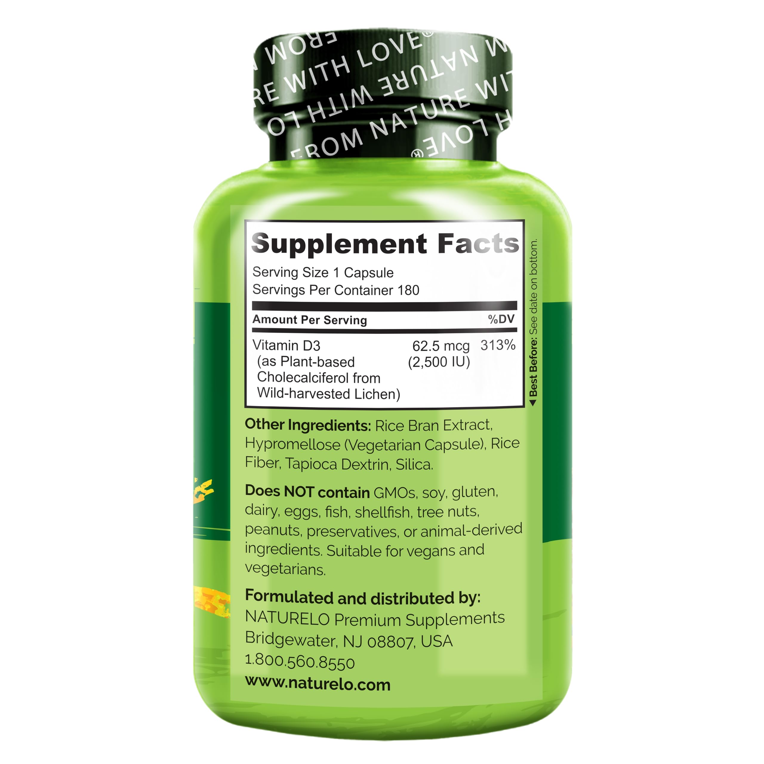 Naturelo vegan symbol on label, plant-based D3 for bone support.