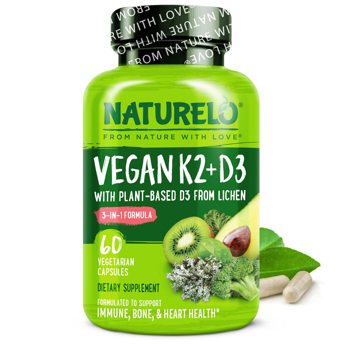 NATURELO Vitamin D3 K2 bottle front shows vegan formula for bone and heart support.