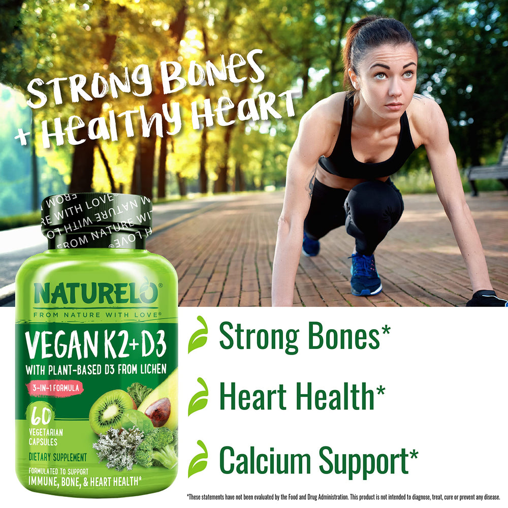 NATURELO Vitamin D3 K2 label close-up highlighting vegan D3 from lichen.