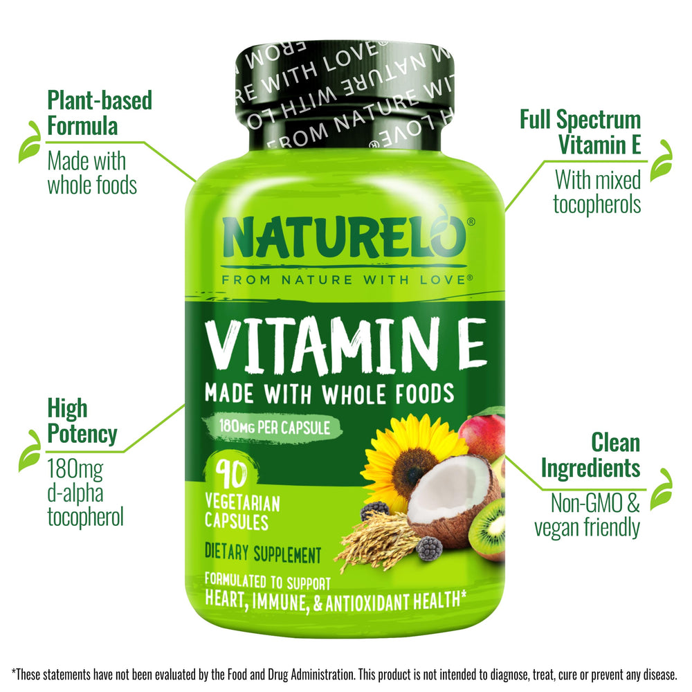 Naturelo Vitamin E capsules close-up highlights the dry formulation from natural sources.