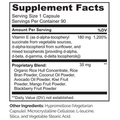 Naturelo Vitamin E label detail emphasizes natural tocopherols and whole foods.