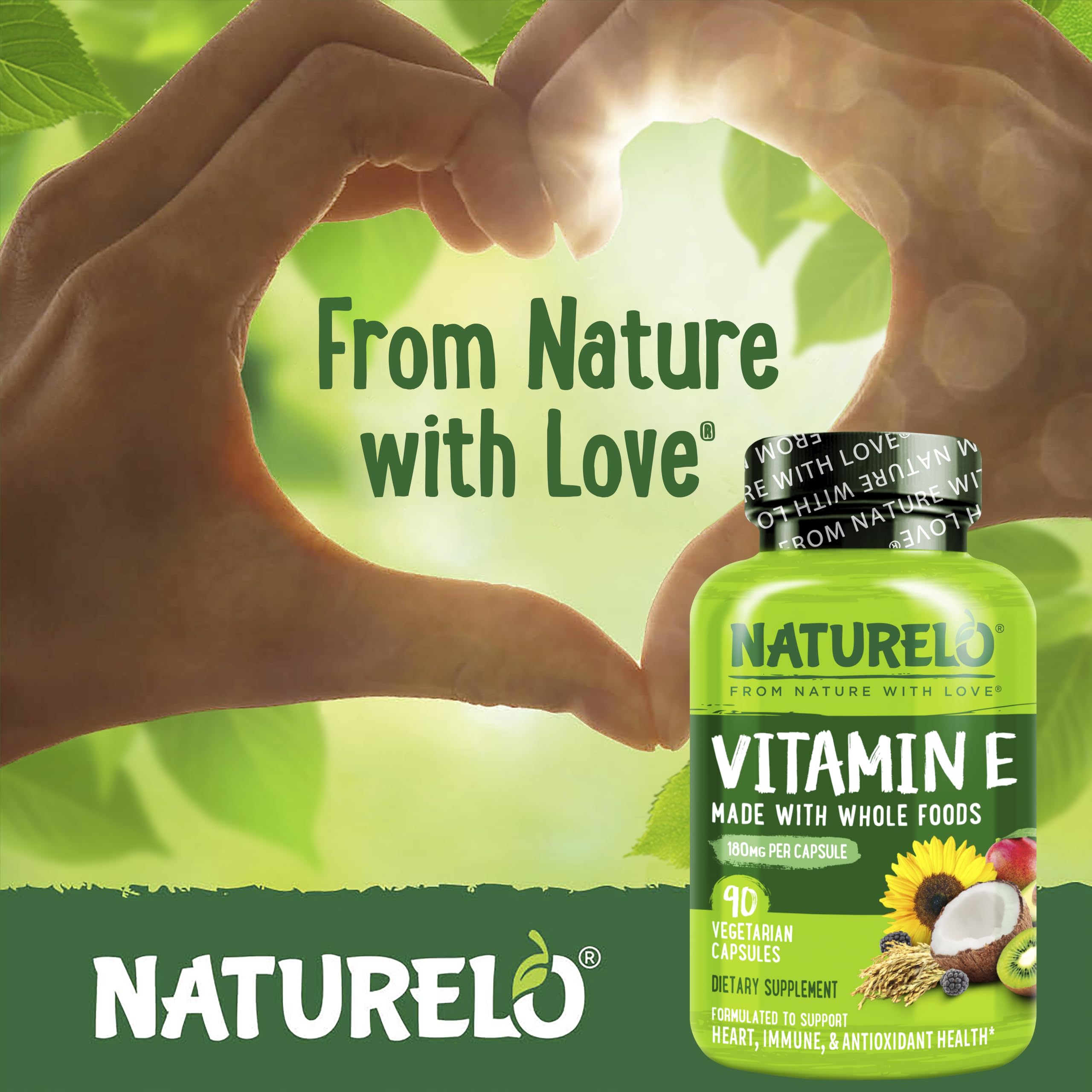 Naturelo Vitamin E dry-form supplement implies non-GMO and vegan quality.