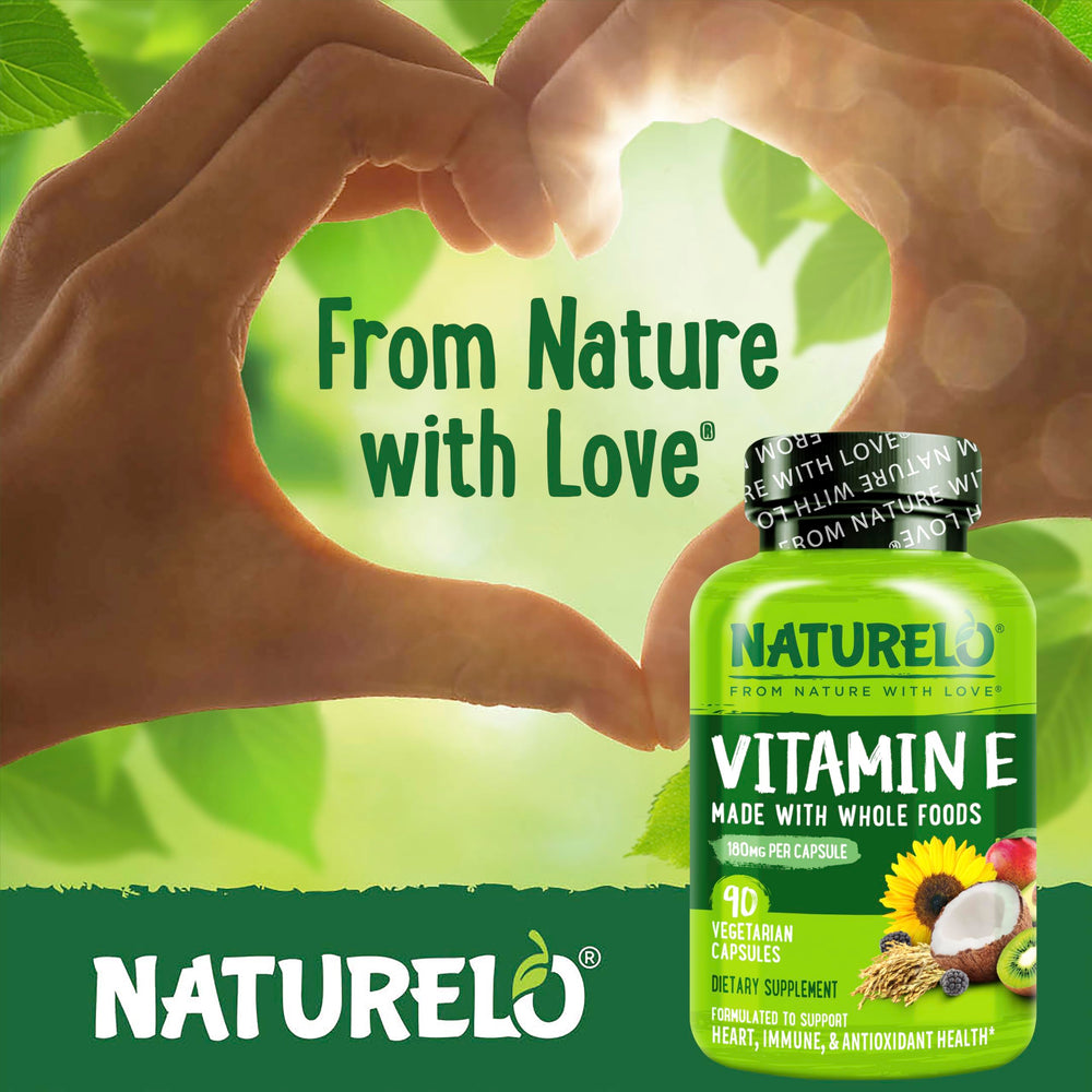 Naturelo Vitamin E dry-form supplement implies non-GMO and vegan quality.