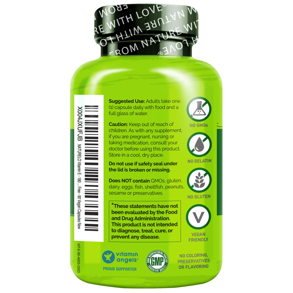 Naturelo Vitamin E packaging flatlay emphasizes clean, plant-based nutrition.