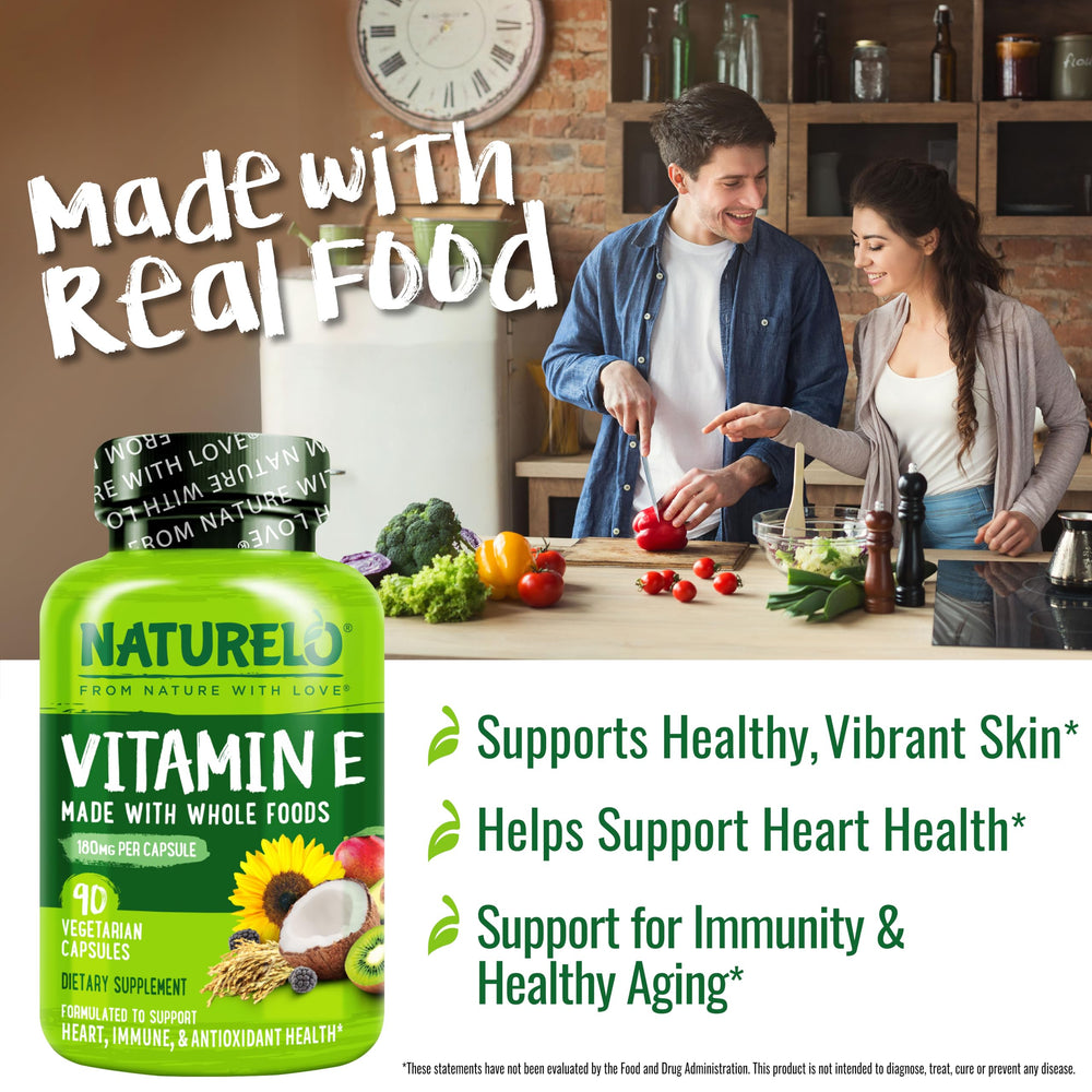 Naturelo Vitamin E sourced from sunflowers suggests plant-based antioxidant support.