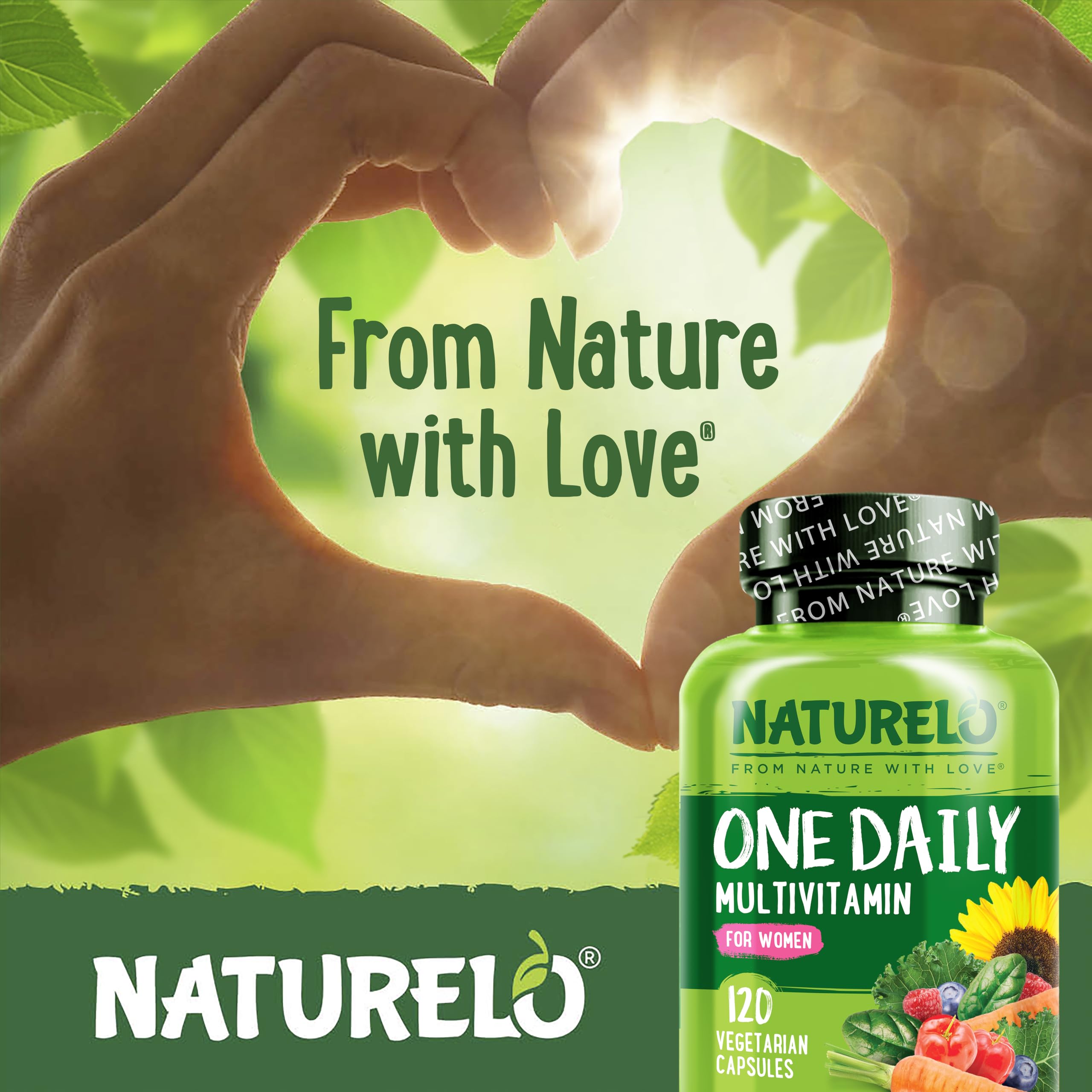 Naturelo whole-food blend with organic fruits and vegetables for antioxidant nutrition.