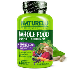 Naturelo Whole Food Multivitamin immune bottle pour supports daily wellness.