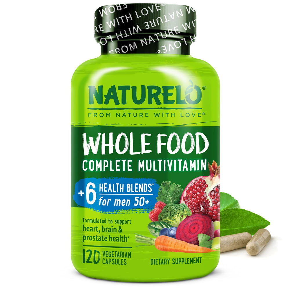 Naturelo Whole Food Multivitamin for Men 50+ bottle on display signals daily energy support.