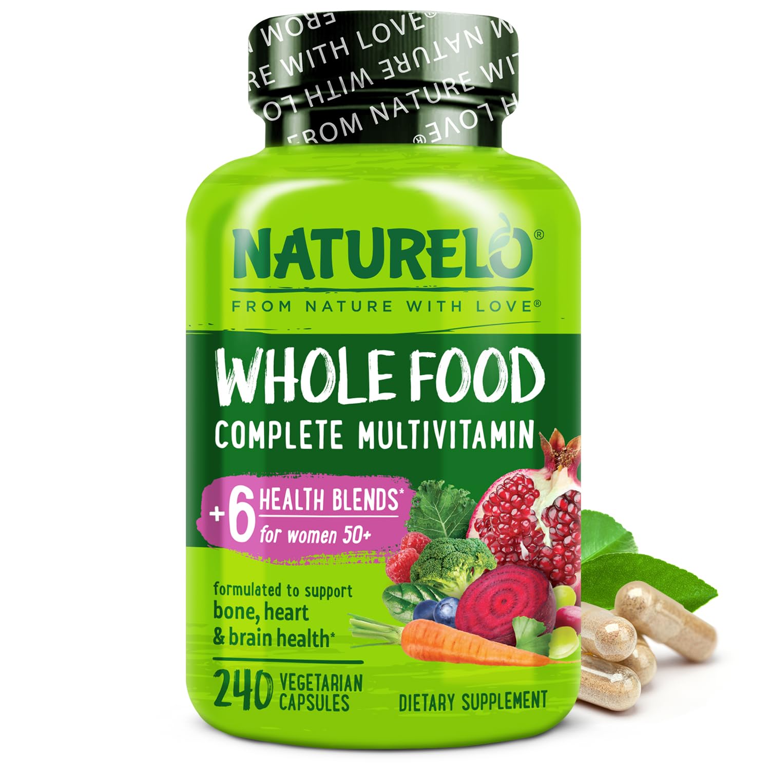 NATURELO Whole Food Multivitamin for Women 50+ bottle on table for daily wellness.