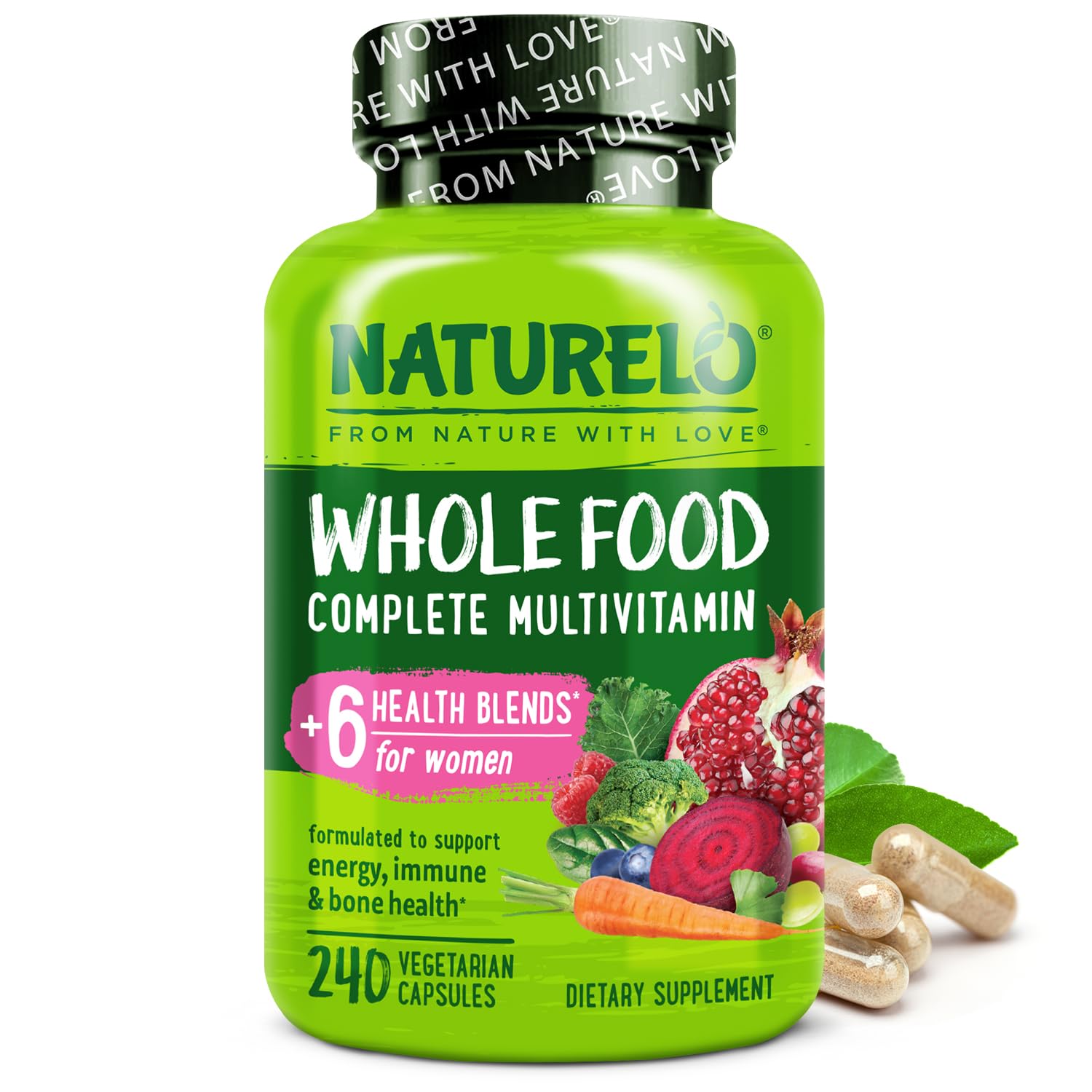 NATURELO Whole Food Multivitamin for Women bottle on desk highlighting plant-based nutrition.
