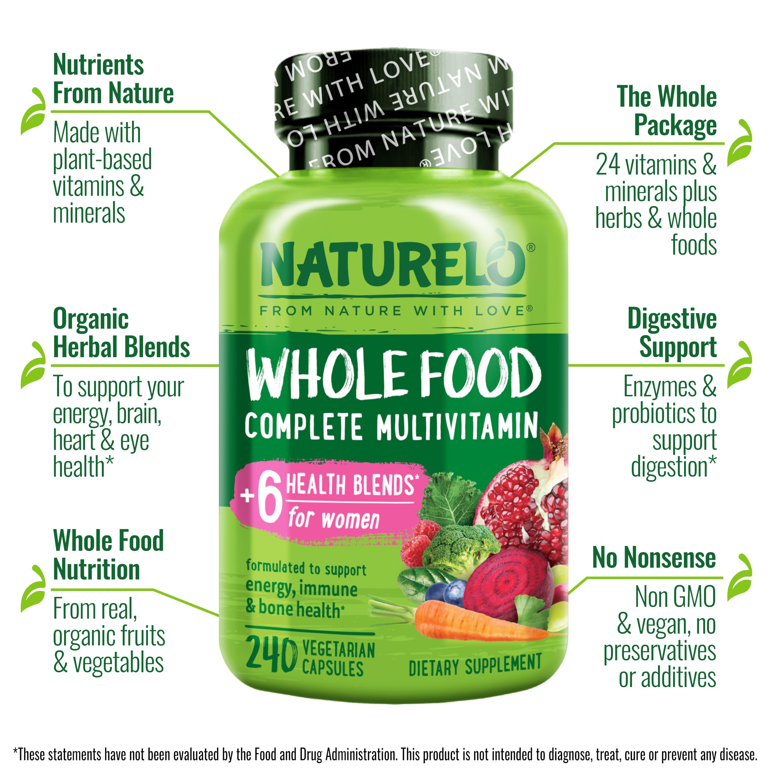 NATURELO Women Multivitamin capsules close-up emphasizing vegan capsules.