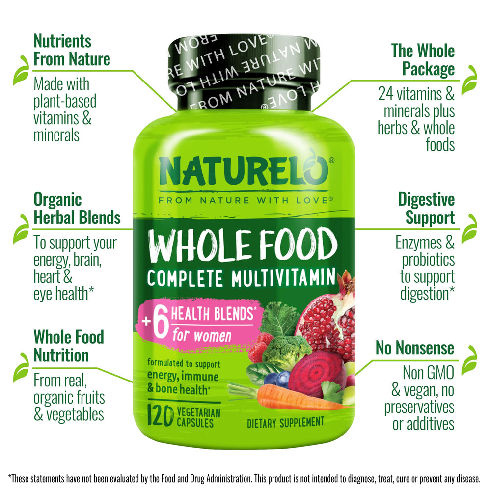 Naturelo Women Multivitamin label close-up highlights organic ingredients.