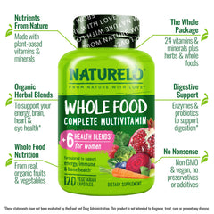 Naturelo Women Multivitamin label close-up highlights organic ingredients.