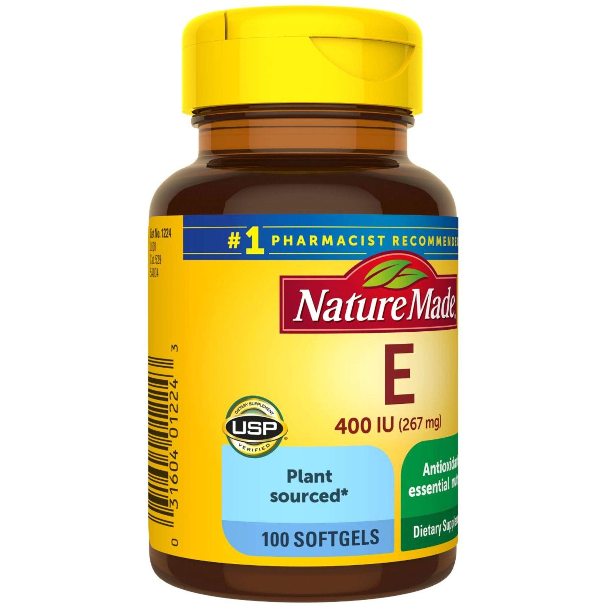 Nature Made Plant Sourced Vitamin E softgels in clear bottle.