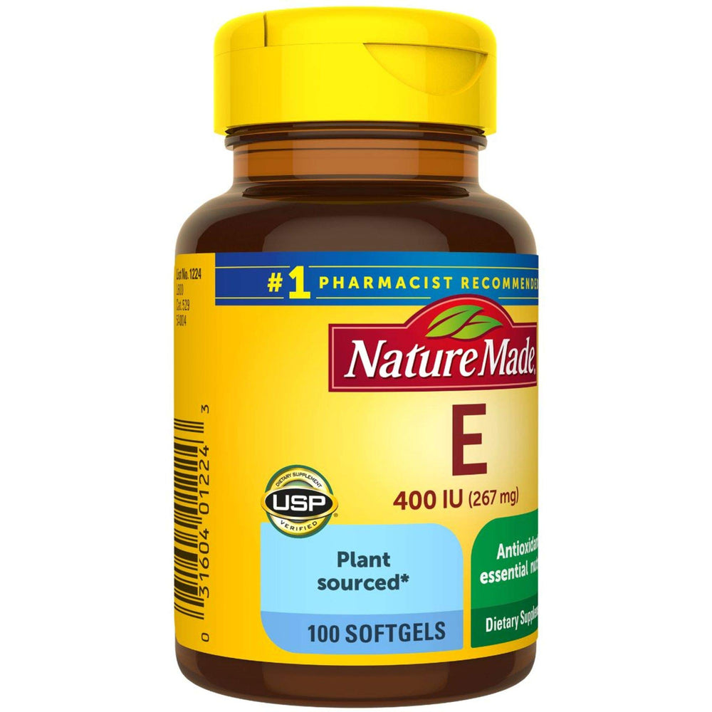 Nature Made Plant Sourced Vitamin E softgels in clear bottle.