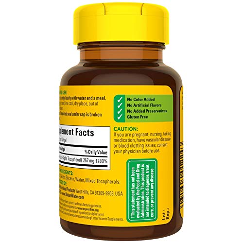 Nature Made Vitamin E in d-alpha form details on bottle label.