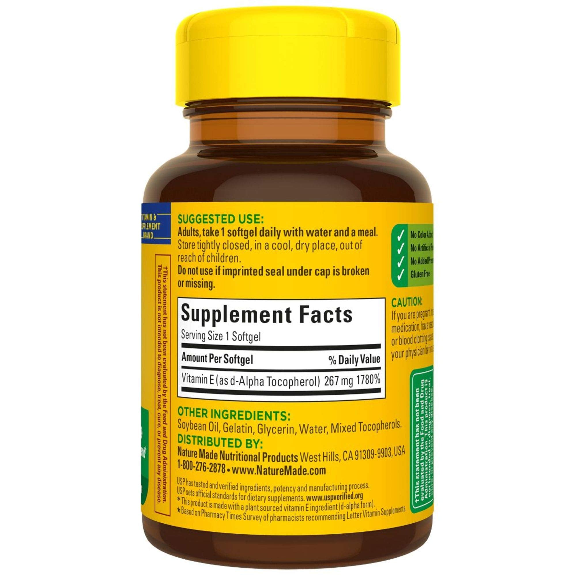 Nature Made Vitamin E ingredients plant-sourced on label.