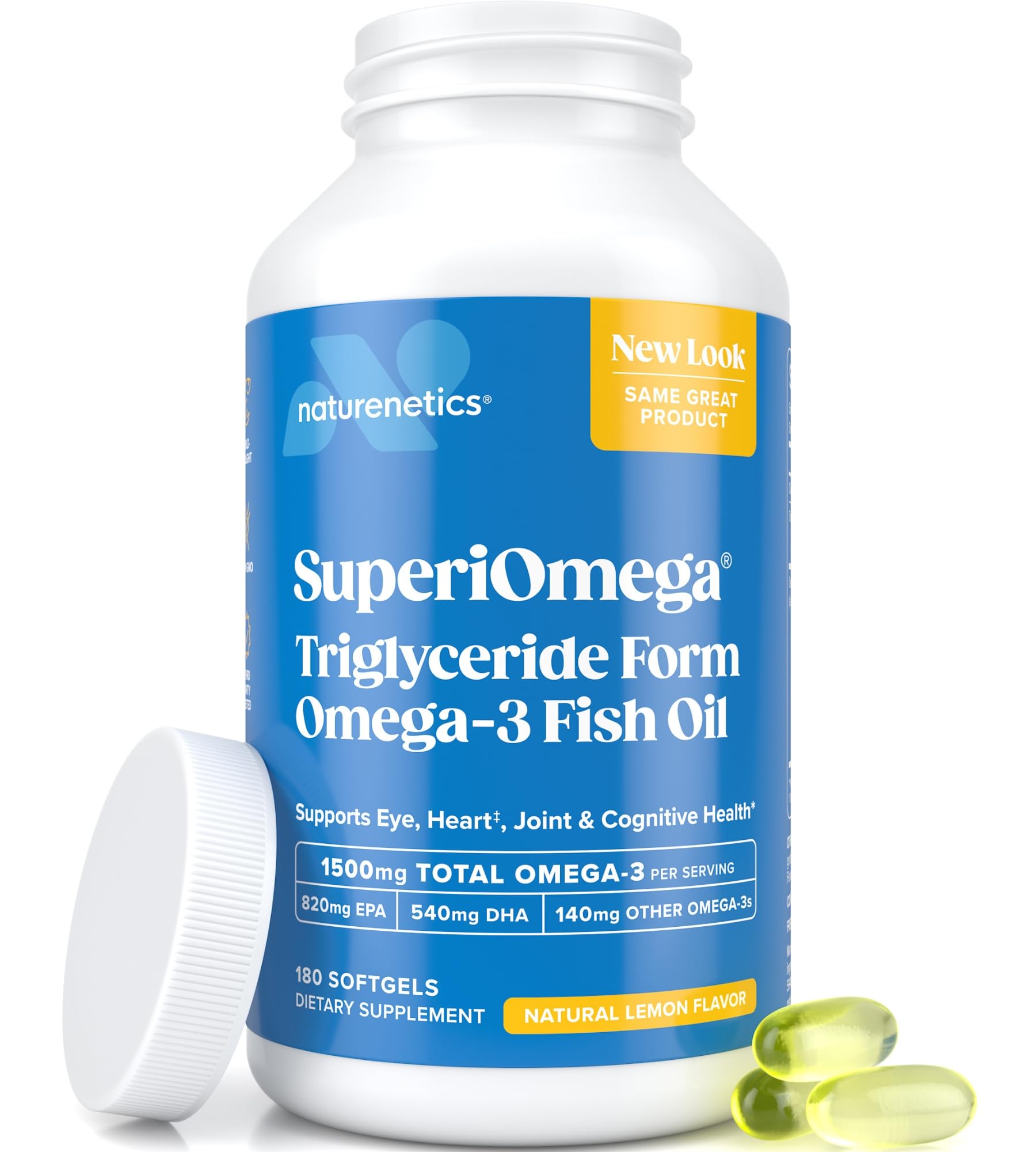 Naturenetics triglyceride omega-3 lemon bottle front highlighting high EPA and DHA