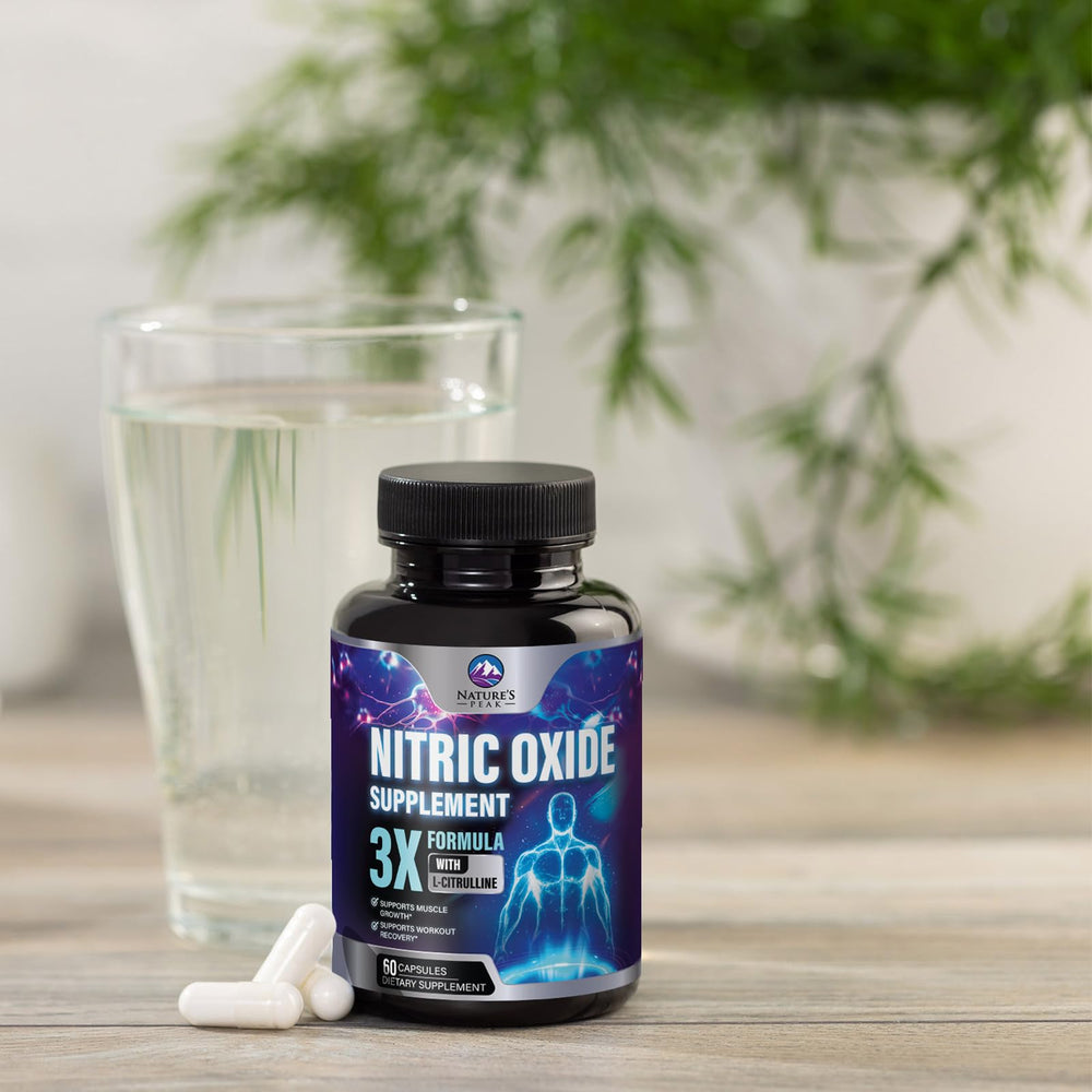 Nature's Peak Nitric Oxide booster on shelf suggesting energy support