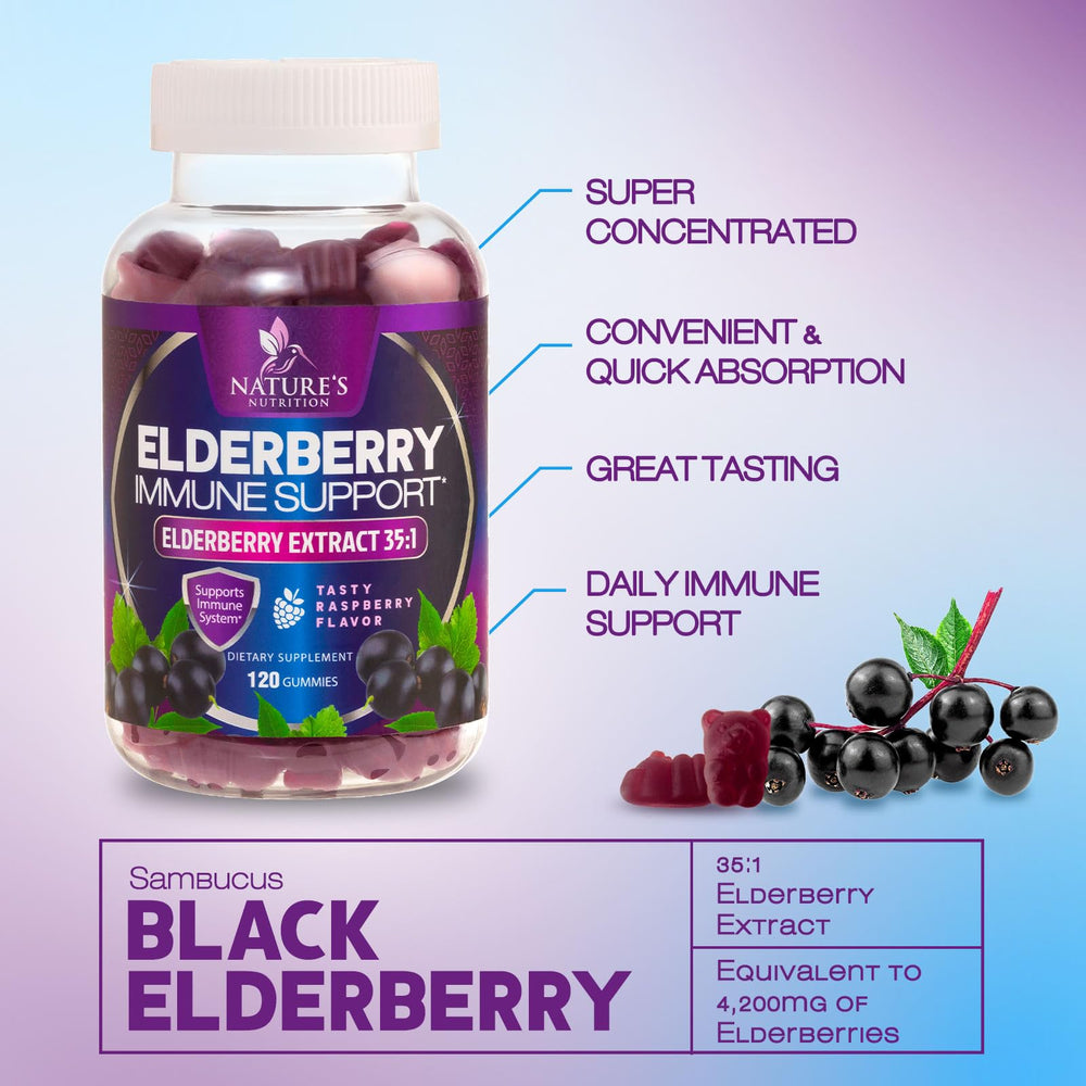 Nature's Nutrition Elderberry Gummies 35:1 extract per serving boosts elderberry potency.