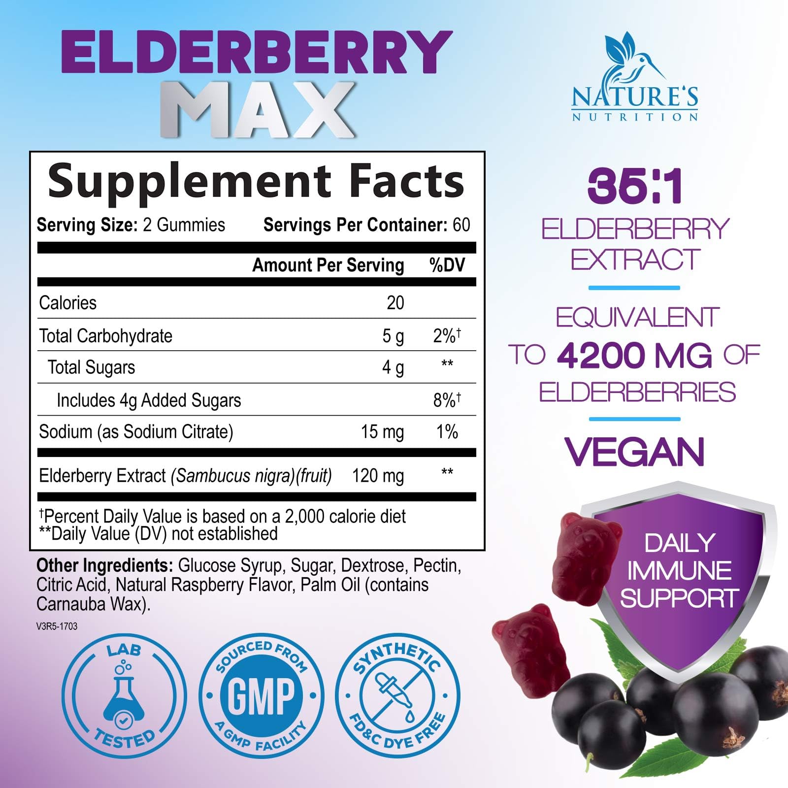 Nature's Nutrition Elderberry Gummies closeup reveals vibrant berries and chewable daily wellness.