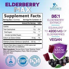 Nature's Nutrition Elderberry Gummies closeup reveals vibrant berries and chewable daily wellness.