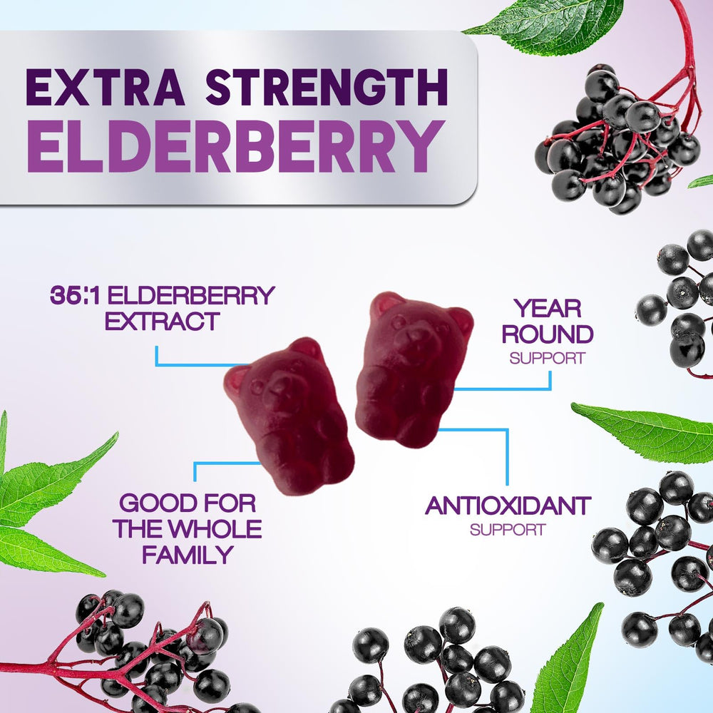 Nature's Nutrition Elderberry Gummies family-serving label demonstrates vegan, gluten-free goodness.