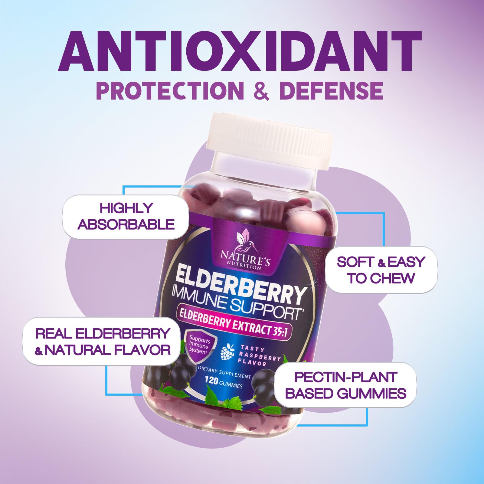 Nature's Nutrition Elderberry Gummies bottle label highlights non-GMO and no artificial flavors.