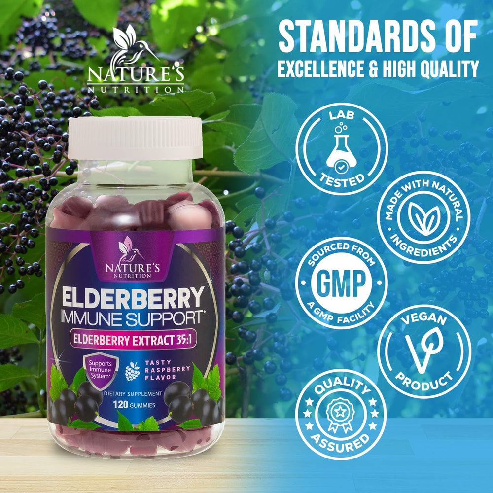 Nature's Nutrition Elderberry Gummies vegan label communicates clean, plant-based immunity support.