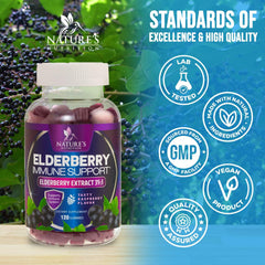 Nature's Nutrition Elderberry Gummies vegan label communicates clean, plant-based immunity support.