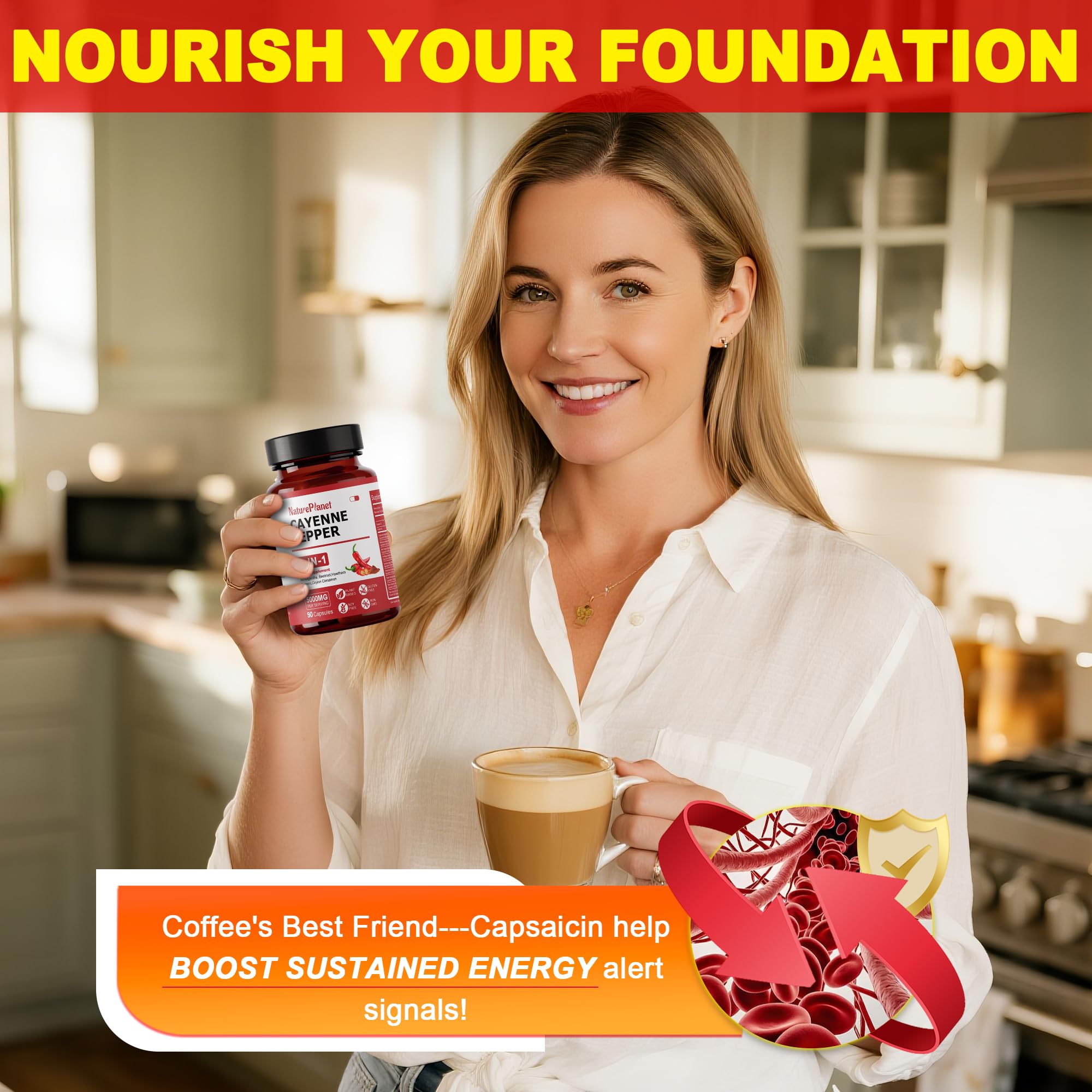 NaturePlanet label on bottle highlighting organic cayenne capsules for energy and well-being