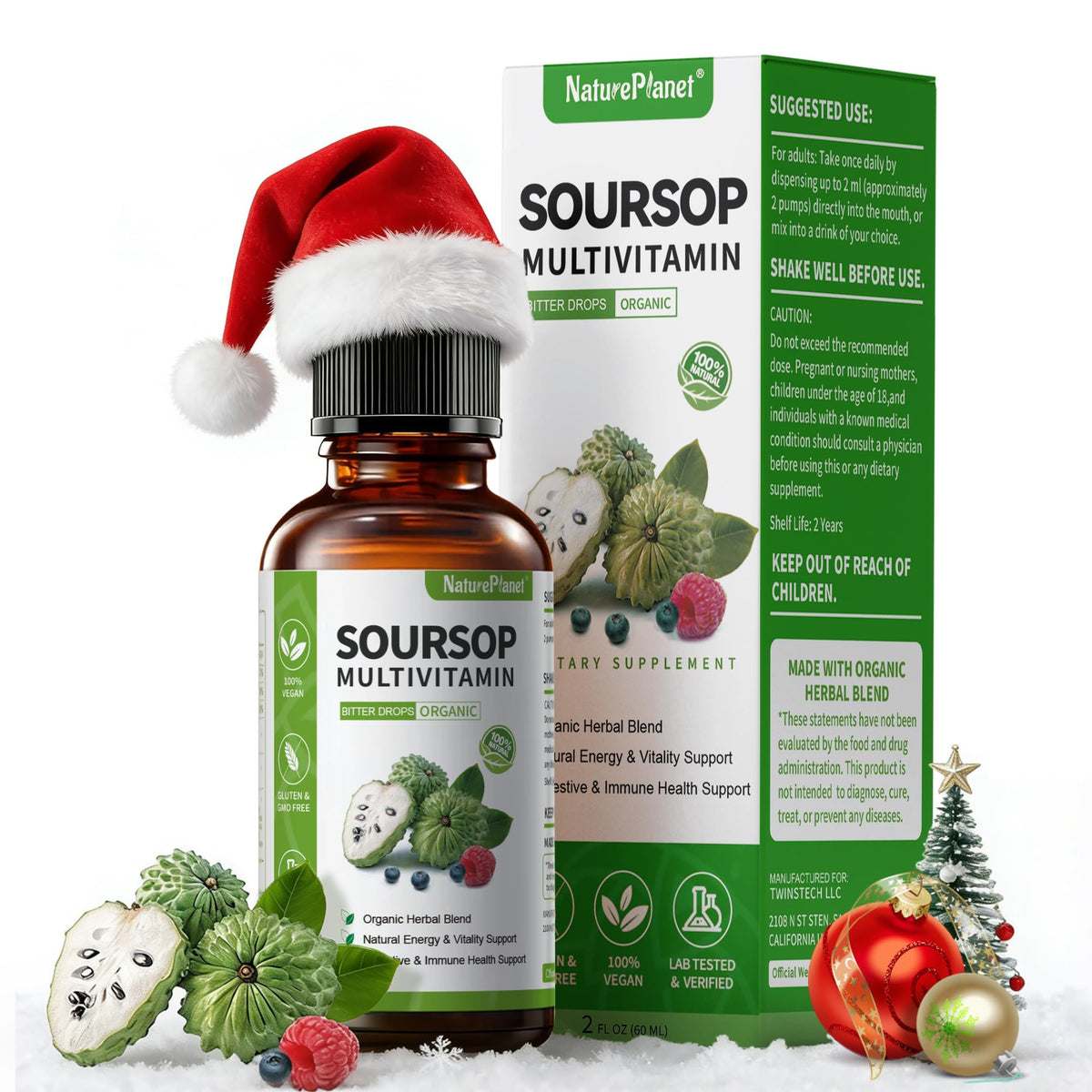 NaturePlanet Graviola Drops bottle label showing dual fruit and leaf soursop formula for daily wellness.