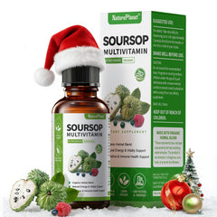 NaturePlanet Graviola Drops bottle label showing dual fruit and leaf soursop formula for daily wellness.