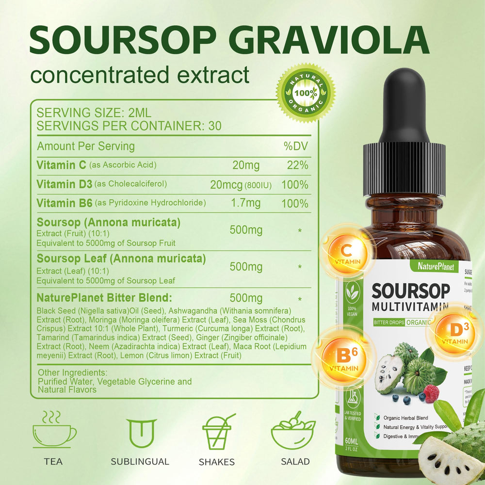 Travel-friendly NaturePlanet Graviola Drops ready for on-the-go routines.