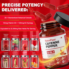 NaturePlanet organic ingredients display cayenne, beetroot, and ashwagandha in a blend