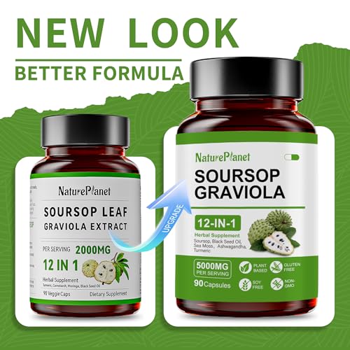 Close-up of NaturePlanet Soursop Bitters Capsules highlighting vegan capsules.