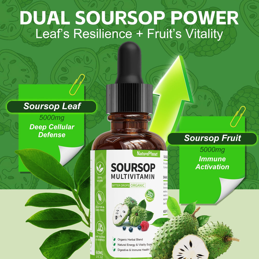 NaturePlanet Soursop Leaf Extract 500mg bottle emphasizing plant nutrients