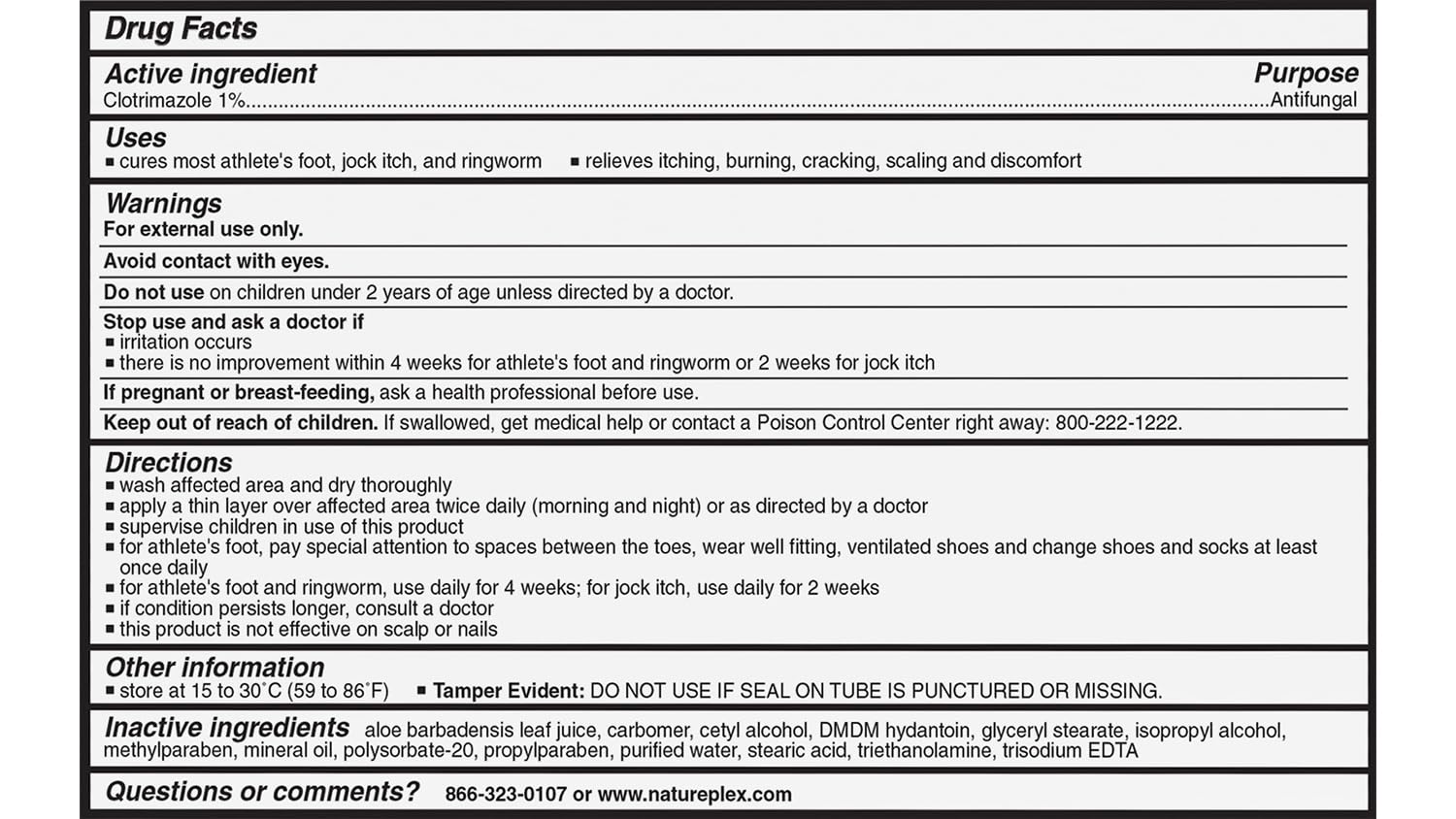 Natureplex Athlete’s Foot Cream packaging detailing 1% clotrimazole.
