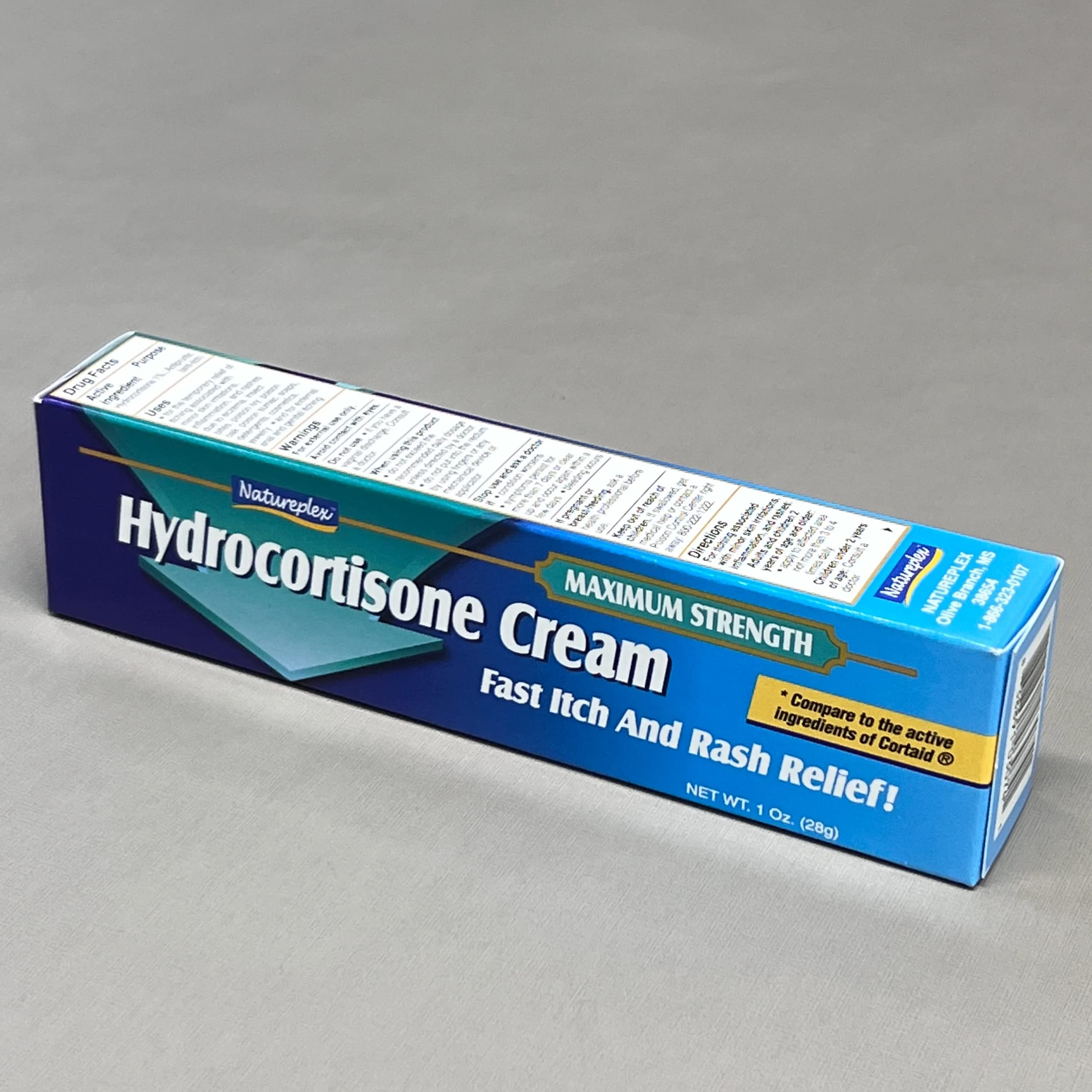 Natureplex Hydrocortisone Cream swatch on skin shows creamy texture.